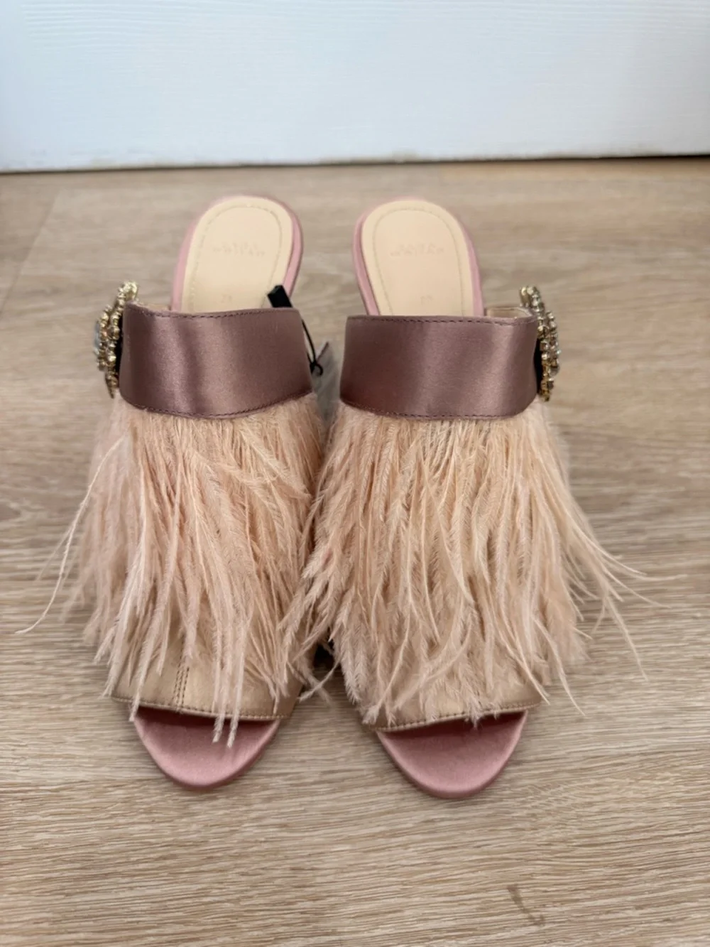 Zara Blush Feather Mule Heels with Crystal Buckle - Picture 2 of 7
